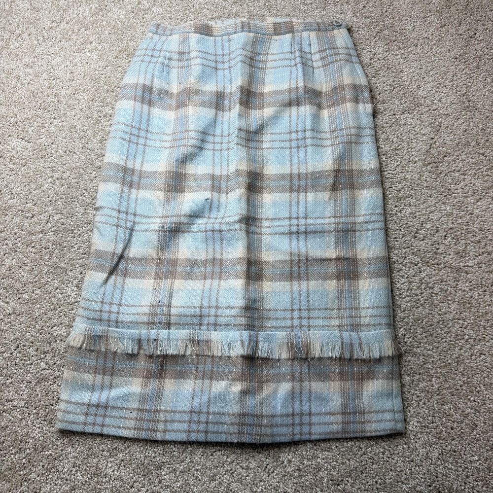 Vintage Joyce Of Chicago Skirt Womens 16 Blue Plaid Wool Fringe Pencil Midi